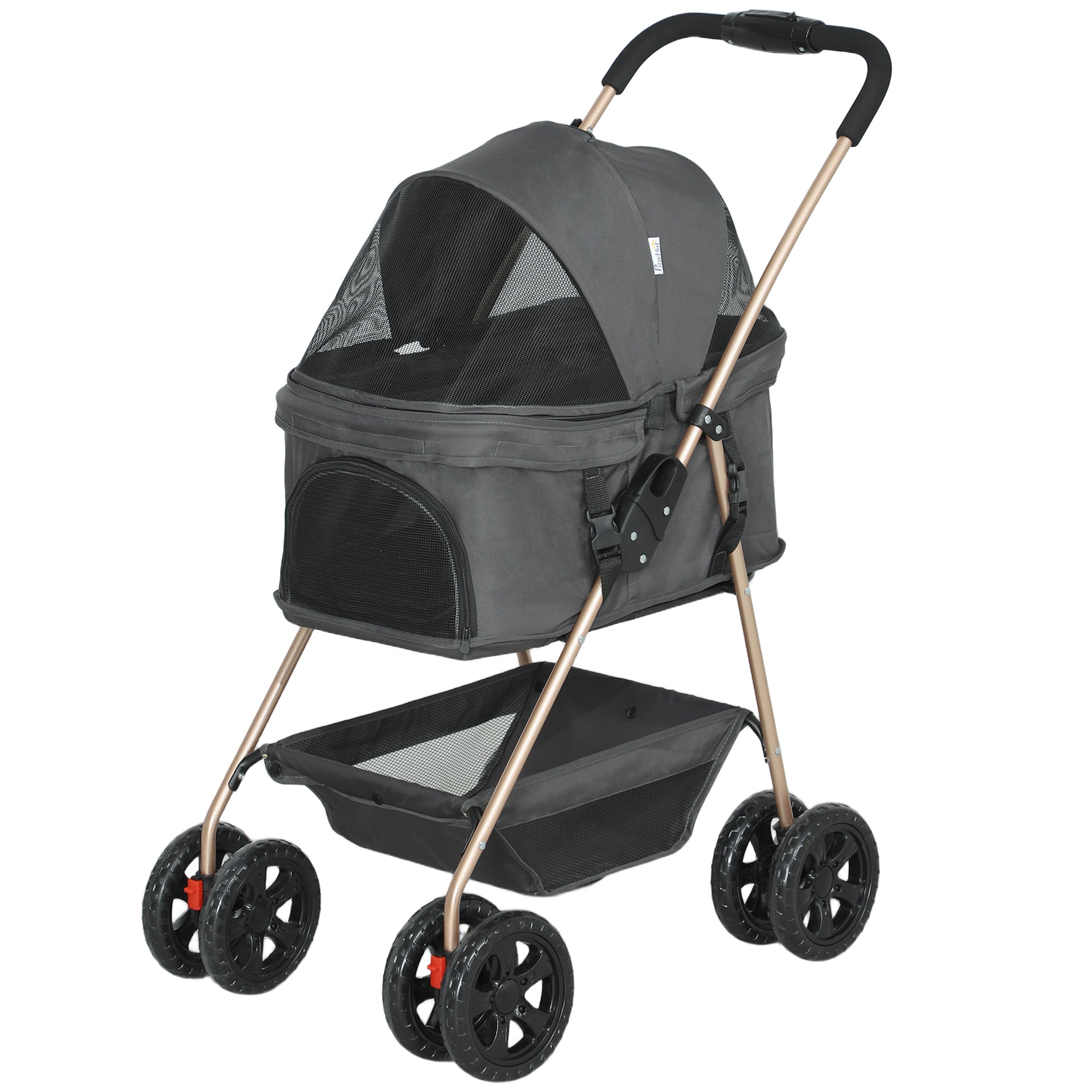 3 In 1 Pet Stroller With Detachable Carrier, Foldable Dog Stroller With Storage Basket, Cupholder, For Mini Dogs, Gray - 5 - CJ