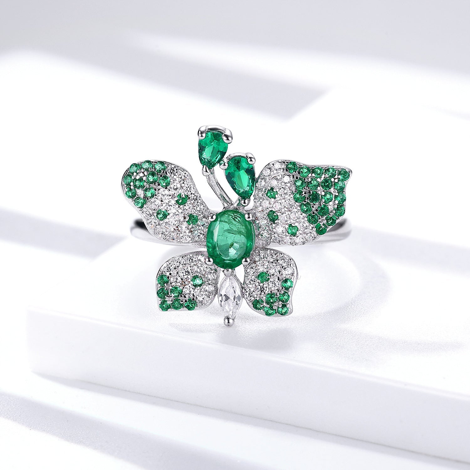 Butterfly Ring S925 Silver Set Natural Emerald - 4 - CJ