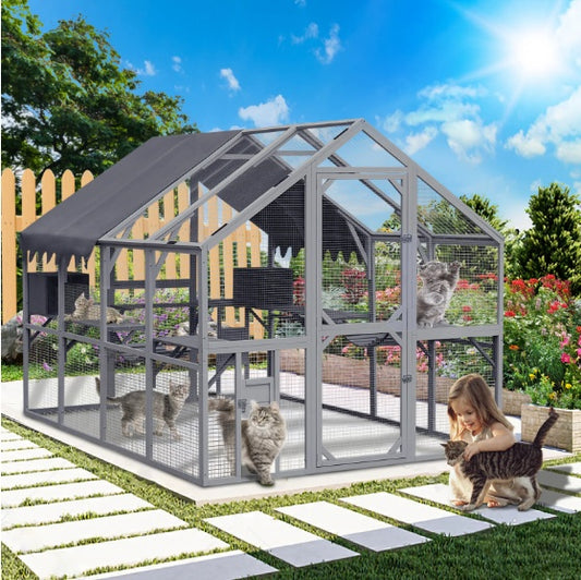 Outdoor Cat House Cat Enclosures 110 Large Kitten Playpen With Platforms,Upgrade Waterproof Cover - grey - 5 - CJ
