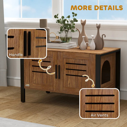 PawHut Cat Litter Box Enclosure With Tall Legs, Scratching Board, Dark Brown, - 5 - CJ