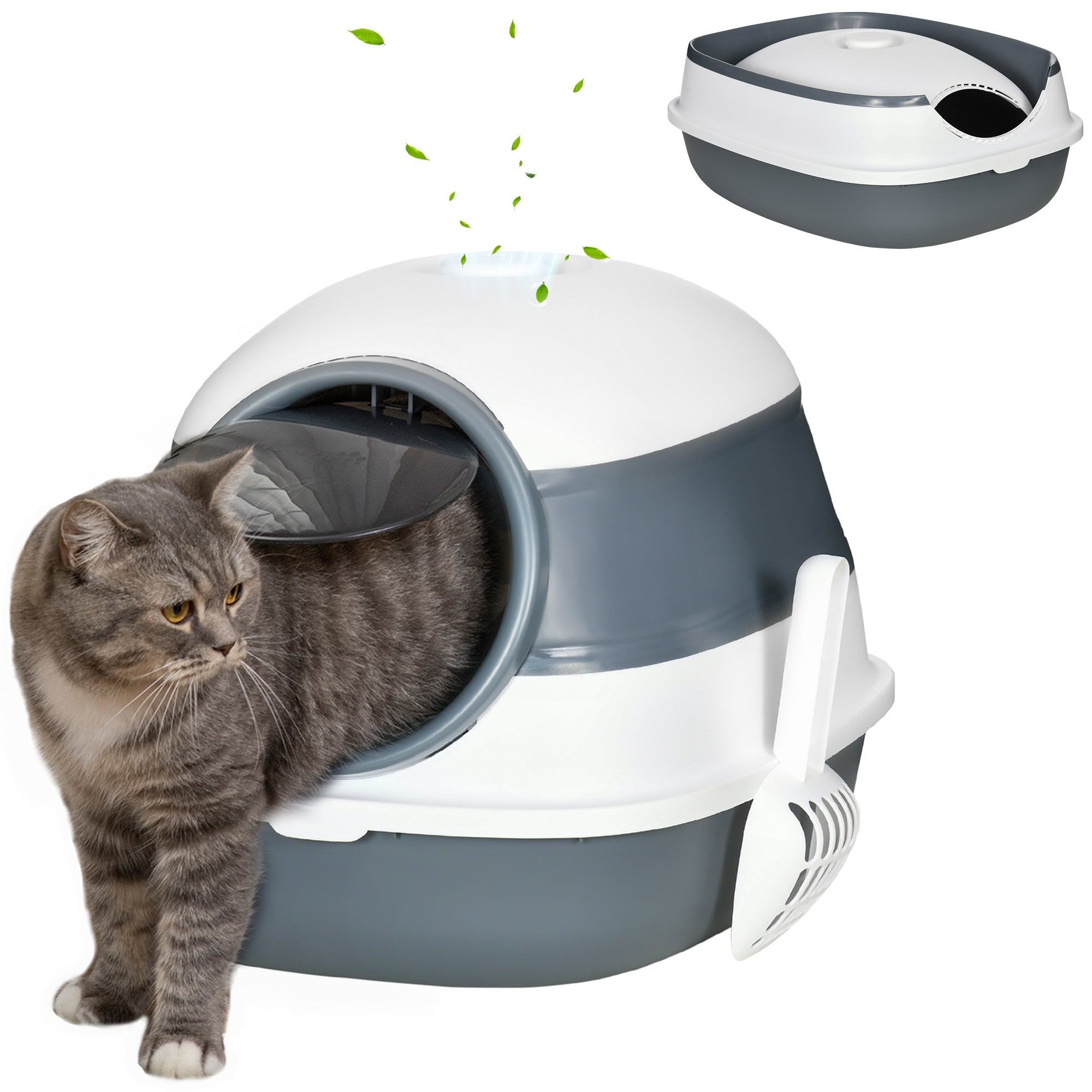 Dome Covered Cat Litter Box with Lid, White and Gray - 5 - CJ