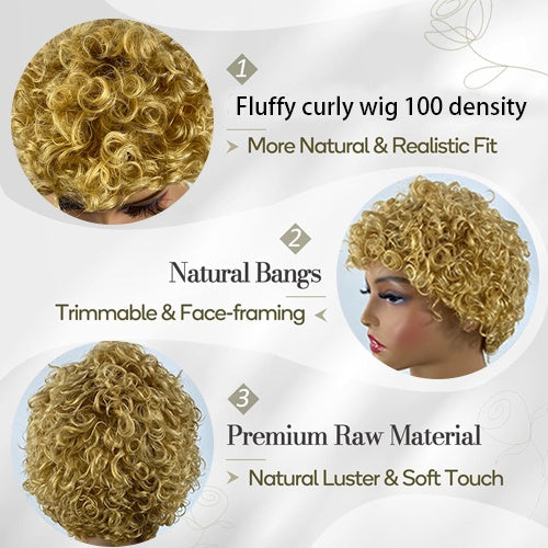 Curly Real Human Hair Wigs For Women, Curly Pixie Cut Wigs, Ultra-Short African Curls, Breathable Cap, Suitable For All Ethnicities.