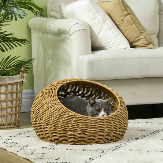 Rattan Cat Bed with Washable Cushion for Cats, Puppies, Light Brown - 5 - CJ