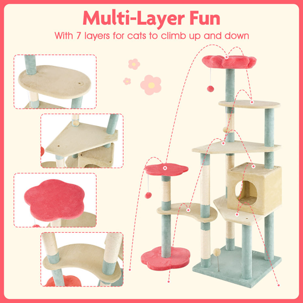 61 Inch Multi - Level Aesthetic Floral Kitten Tower With Flower - Shaped Padded Perch - 5 - cjdroshippping