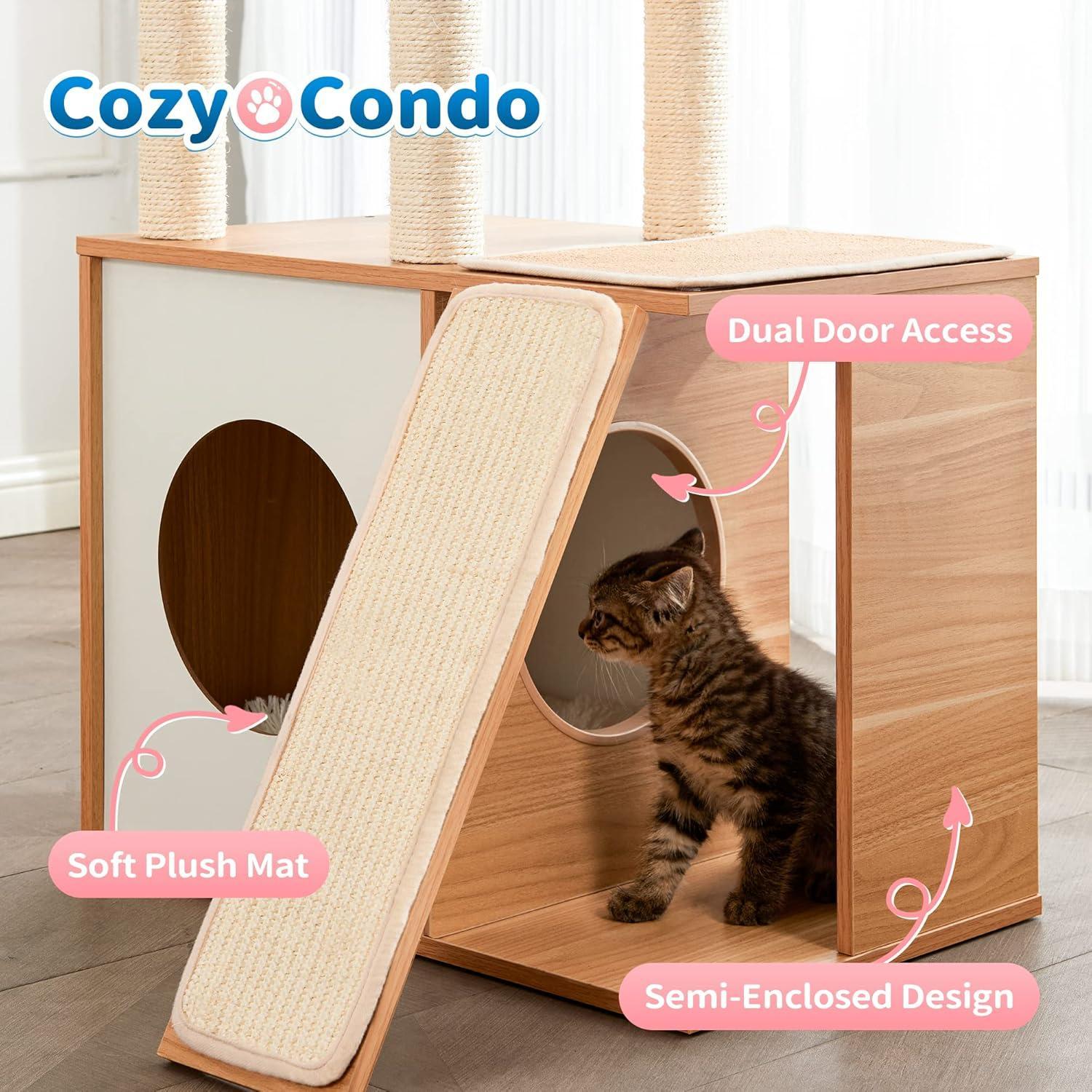 Indoor Wooden Cat Climbing Frame Cat Tower Cat House With Cat Scratching Board Ramp Suitable For Large Cats And Kittens - 5 - CJ