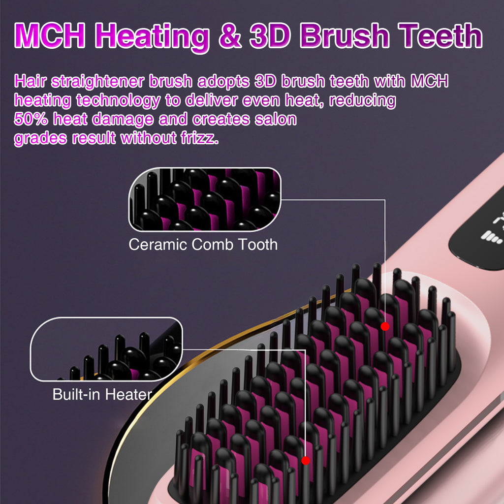 S7 Portable Cordless Hair Straightening Brush With LED Display - Lightweight Mini Negative Ion Hot Brush, USB Rechargeable Women's Travel Essentials Gift, Scald Protection