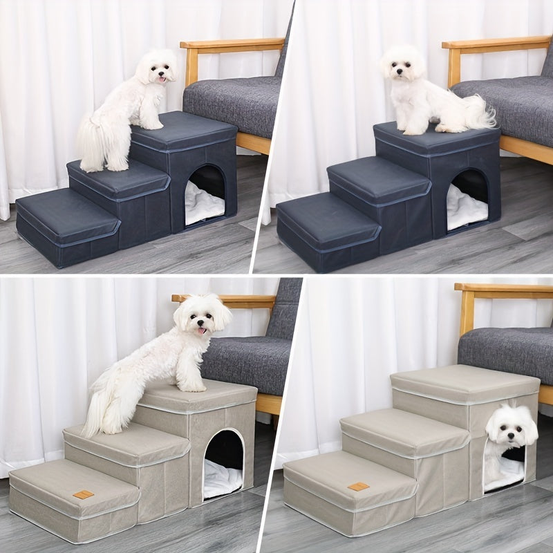 Foldable Dog Stairs With Storage - 3-Level Small To Medium Dog Breed Ramp, Oxford Fabric, Suitable For High Beds And Sofas, Pet Ladder, Dog Stairs