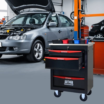 4 Drawers Multifunctional Tool Cart With Wheels,Metal Rolling Tool Cart Storage For Garage Workshop Warehouse Repair Shop - With Stainless Steel Roof - BLACK RED - 5 - CJ