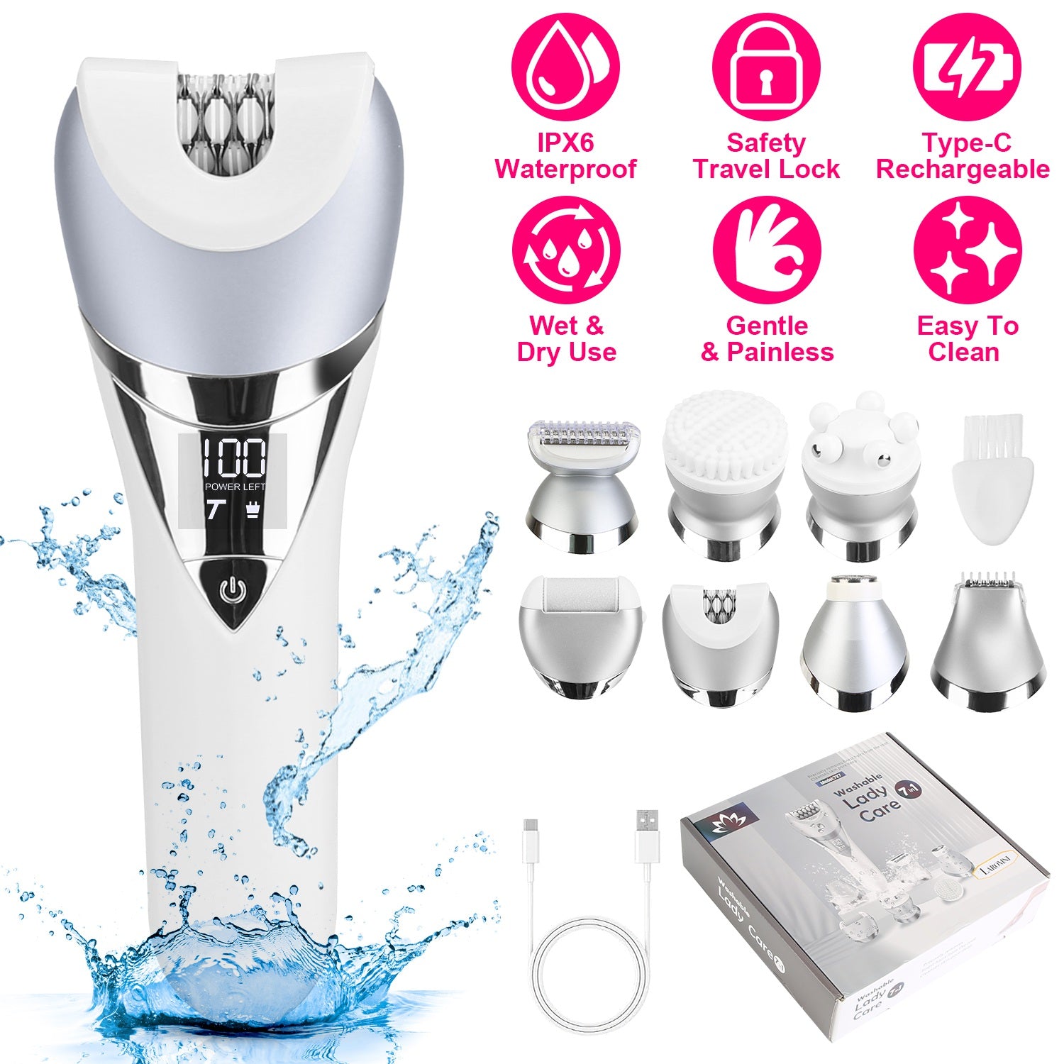7 In 1 Electric Razor For Women Lady Hair Removal Epilators For Leg Face Arm Bikini Armpit Public Hairs IPX6 Wet And Dry Use Cordless Rechargeable Whole Body Trimmer And Shaver Kit - 5 - CJ