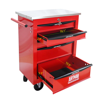 5 Drawers Multifunctional Tool Cart With Wheels,Metal Rolling Tool Cart Storage For Garage Workshop Warehouse Repair Shop - With Stainless Steel Roof - Red  Black - 5 - CJ