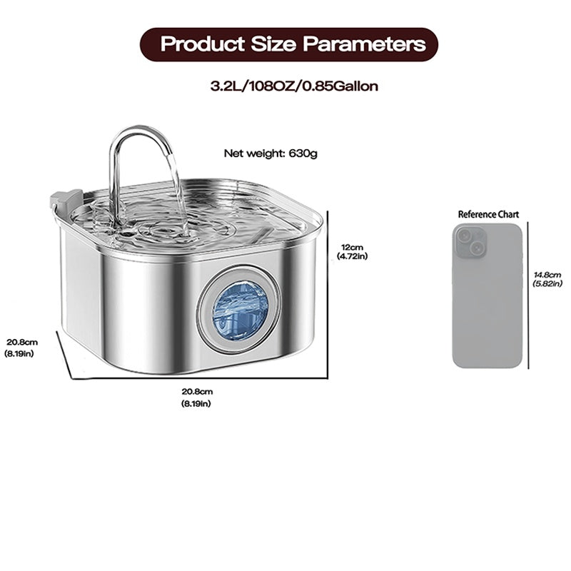 Cat Water Fountain Stainless Steel,108oz 3.2L Cat Fountain For Drinking - Pet Water Fountain Inside - Automatic Dog Watering Dispenser Bowl - Pet Feeding & Watering Supplies - Water Level Window - 5 - CJ