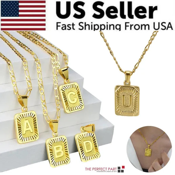 Gold Plated Initial Letter Pendant Necklace Stainless Steel Figaro Chain - 5 - CJ