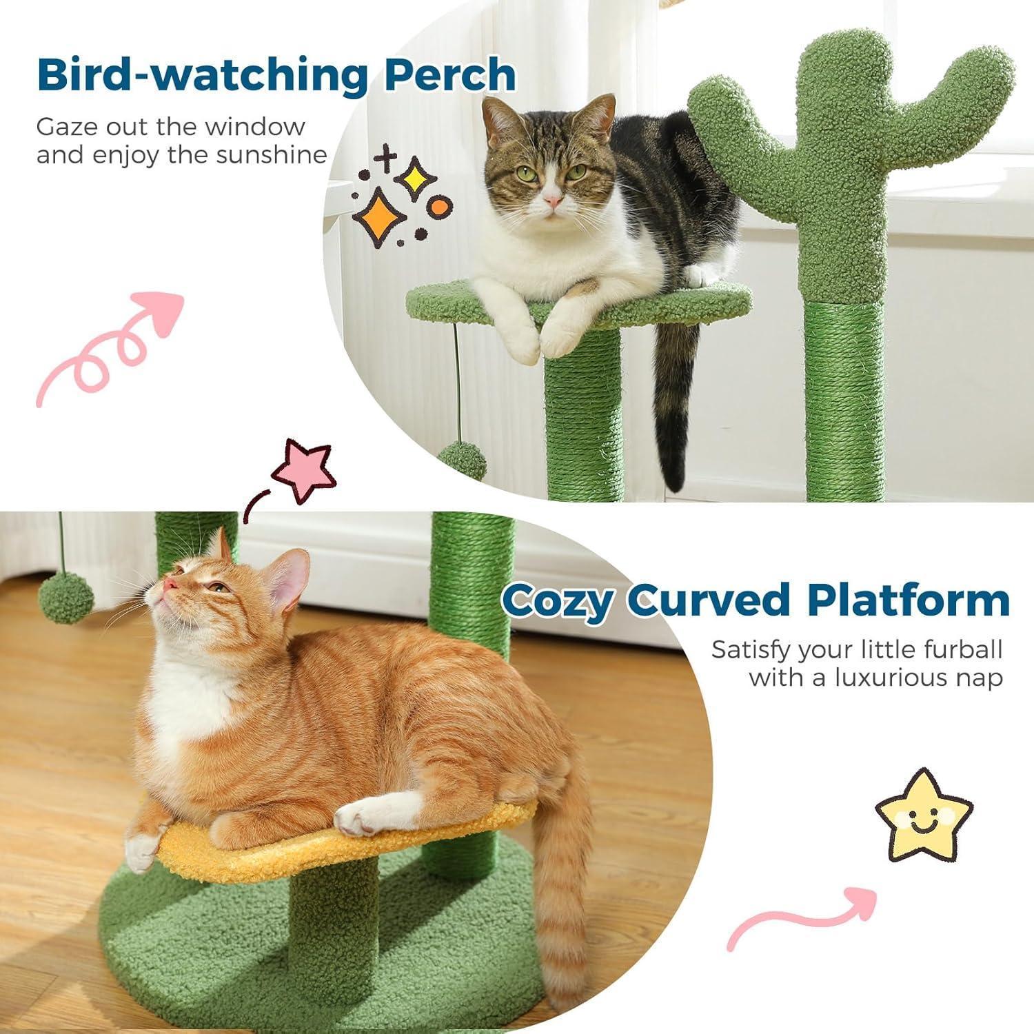 26 Inch Cactus Cat Tree With Bird's Eye View Flower Perch, Soft Cactus Top And Hanging Ball, Compact Vertical Structure For Indoor Cats - 5 - cjdroshippping