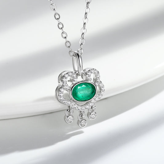 Natural Emerald Necklace Women's 925 Silver Full Set Delicate Light Luxury Pendant Auspicious Cloud Safety Lock Pendant Jewelry - 4 - CJ