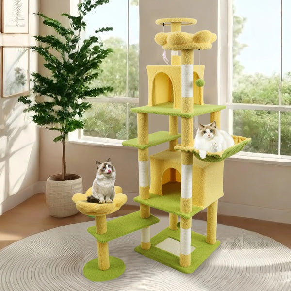 71 Inch Flower Cat Tree With Large Condo Removable Flower Cushion And Hammock Yellow - 5 - CJ