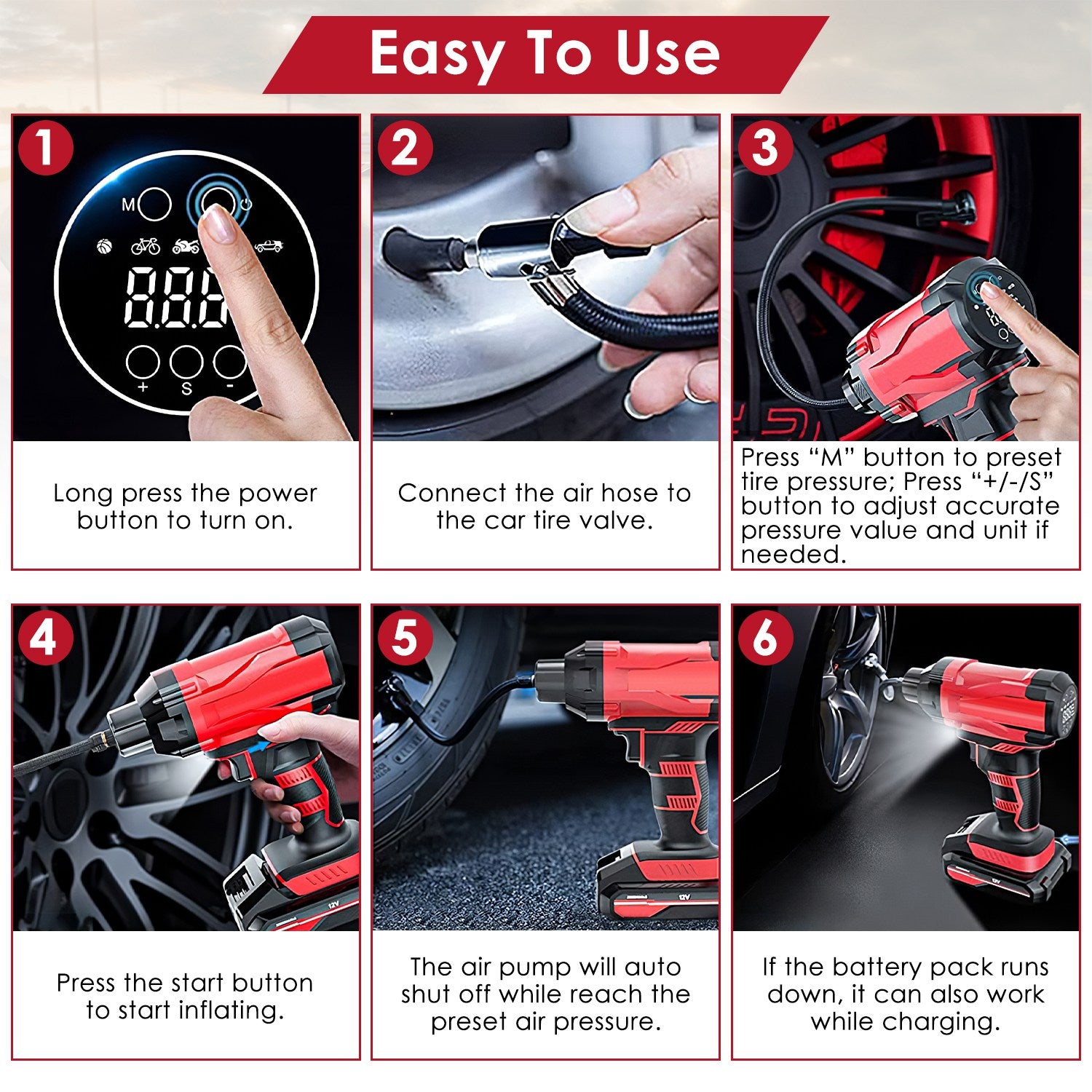 1Pc 150PSI Cordless Car Tire Inflator Rechargeable  2V Portable Electric Air Compressor With LED Light For Car Bike Motorcycle Ball - 5 - CJ