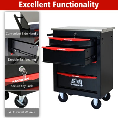 4 Drawers Multifunctional Tool Cart With Wheels,Metal Rolling Tool Cart Storage For Garage Workshop Warehouse Repair Shop - With Stainless Steel Roof - BLACK RED - 5 - CJ