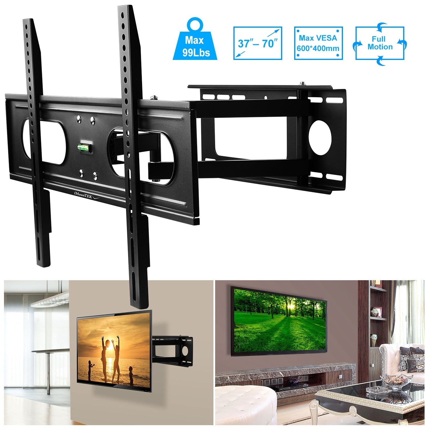 1Pc Full Motion TV Wall Mount Swivel Tilt TV Wall Rack Support 37in To 70in TV Wall Mount Max VESA Up To 600x400mm Holds Up To 99LBS