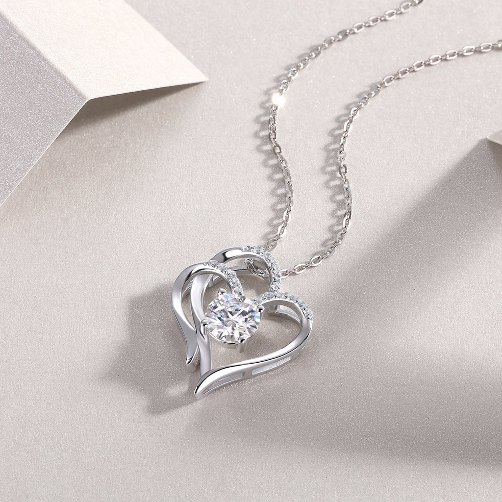Heart To Heart Connected Luxury Fashion Diamond Pendant Necklace Set With Mosan Diamond Silver Ornaments
