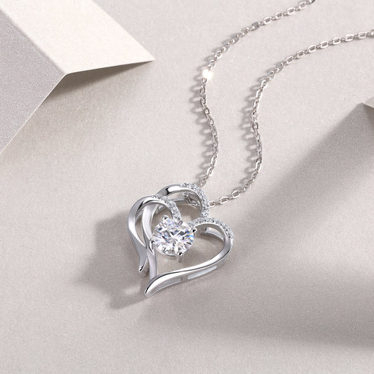 1Heart To Heart Connected Luxury Fashion Diamond Pendant Necklace Set With Mosan Diamond Silver Ornaments Prohibit TikTok sales - 5 - CJ