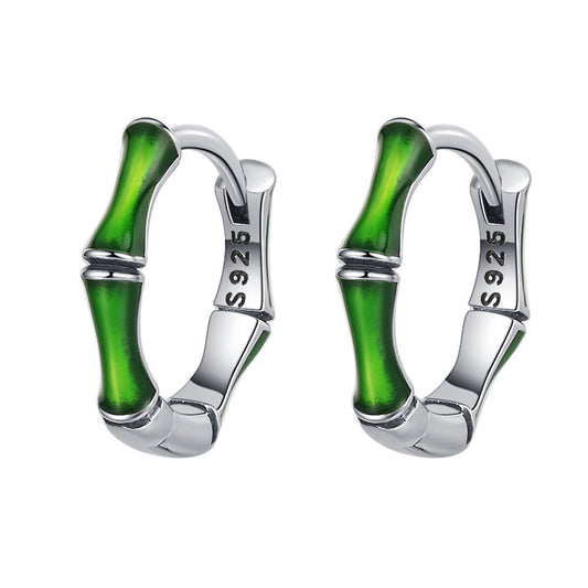 S925 Sterling Silver Niche Green Oil Dripping Bamboo Earrings - 4 - CJ