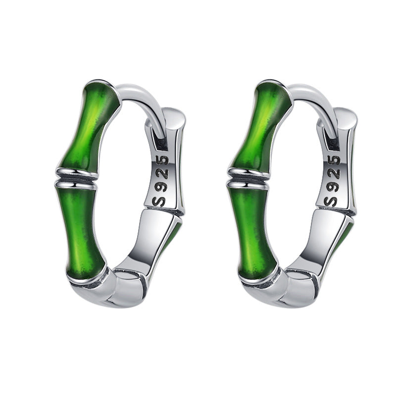 S925 Sterling Silver Niche Green Oil Dripping Bamboo Earrings - 4 - CJ