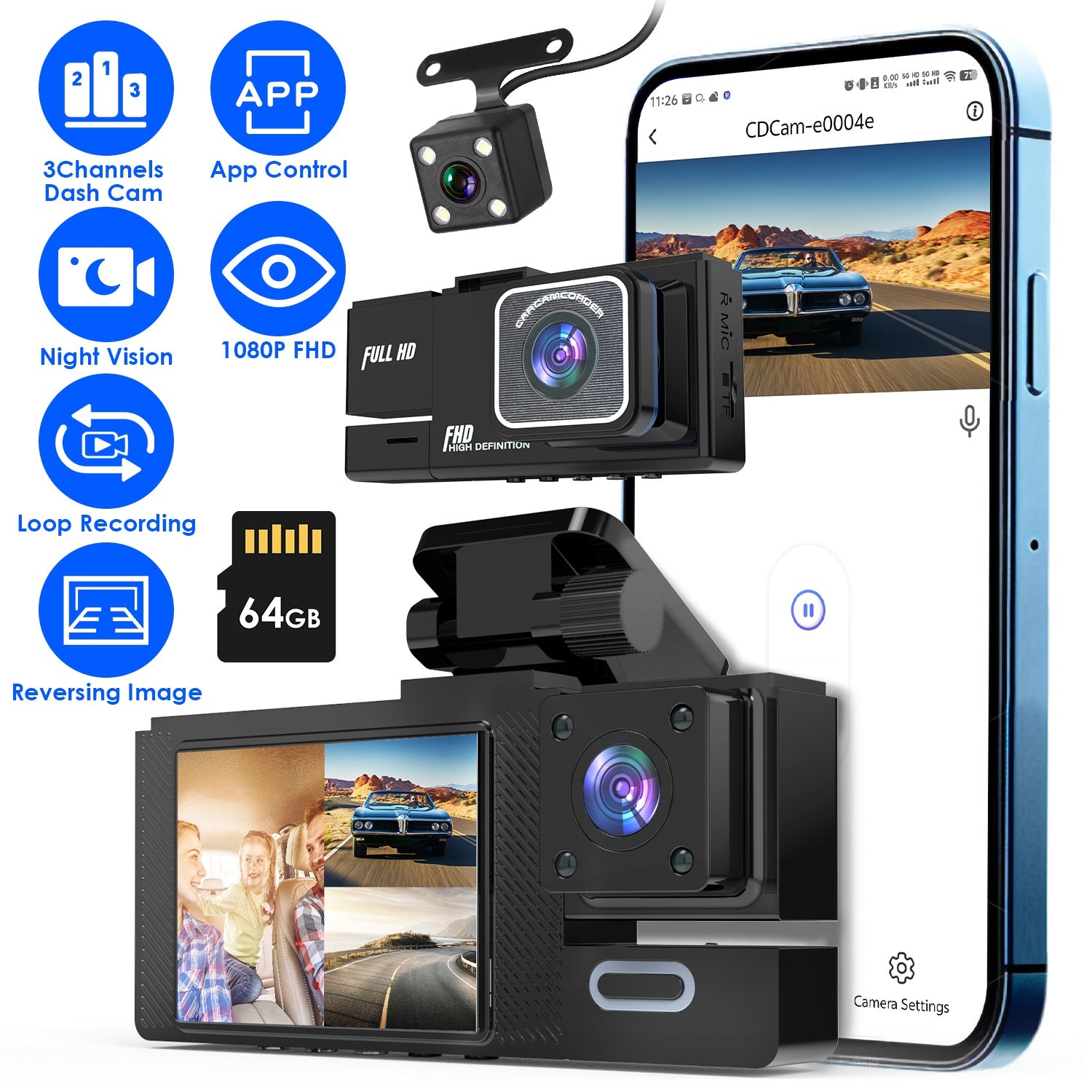 1Pc WiFi FHD 1080P Car Dash Cam 3 Channels Front Rear Inside Dash Camera With Loop Recording Reversing Image Night Vision 170 Degree Wide Angle Support 64G MMC Card Included - 5.0 - CJ