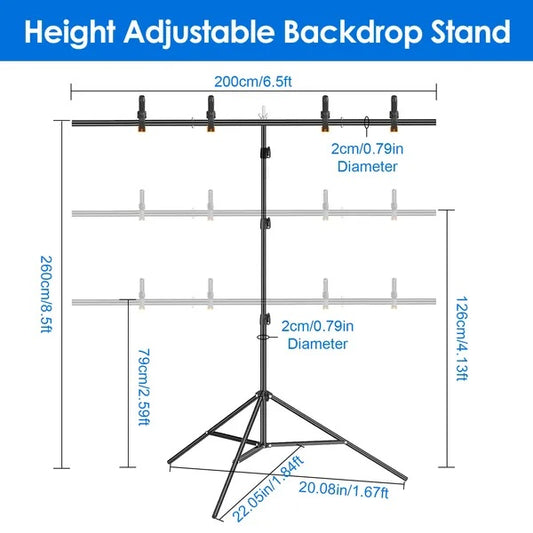 6.5x8.5FT T Shape Photo Video Backdrop Stand Heavy Duty Background Stand Adjustable Photography Backdrop Stand With 6 Spring Clamps Sandbag Carry Bag For Studio Party Wedding - 5 - CJ