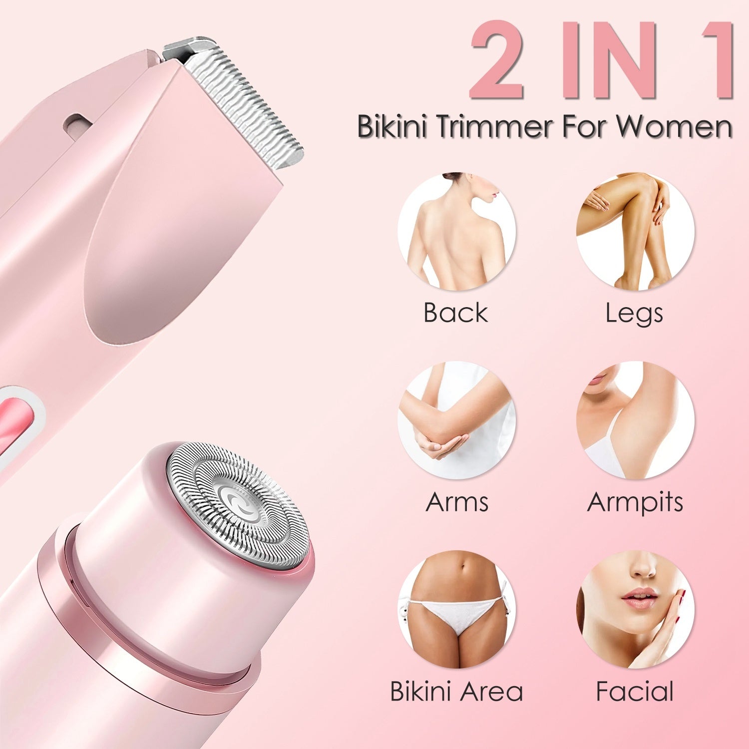 1Pc 2 In 1 Bikini Trimmer For Women Dual Head Cordless Body Shaver IPX7 Waterproof Rechargeable Pubic Hair Razor Wet And Dry Use For Bikini Underarm Leg Arm Body Face