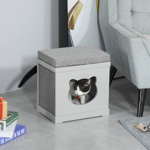 PawHut Cat House Bed Kitten Cave Cube Indoor For Small Pet With Removable Sisal Scratching Pads Soft Cushions, 41x30x36 Cm, Grey - 5 - CJ