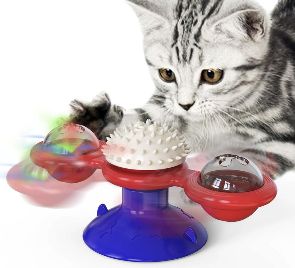 Interactive Windmill Cat Toy With LED Light Ball, Suction Cup, And Catnip Indoor Cat Exercise And Entertainment Set. by Generic