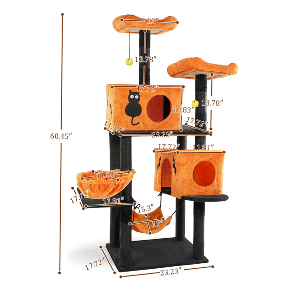 Halloween Cat Tree, Large Cat Tower With 2 Spacious Cat Condos, 2 Padded Perches, 2 Hammocks, Scratching Posts, Hanging Toy, Multi - Level Cat Activities Furniture For Large Cats, Orange & Black - 5 - CJ