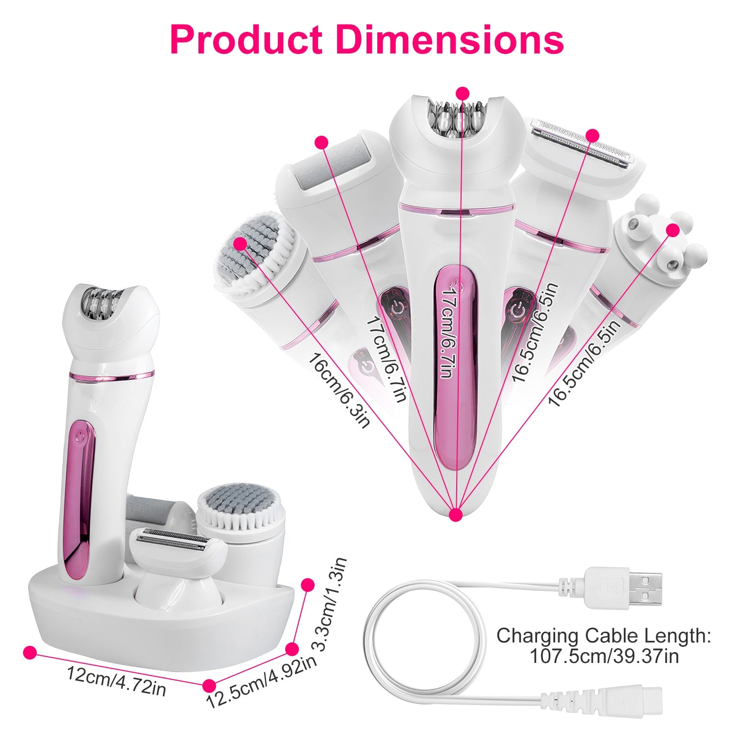 1Pc 5 In 1 Electric Body Epilator Rechargeable Women's Grooming Kit Epilator Shaver Facial Brush Callus Remover 5 Point Massager With LED Light LED Display Charging Base