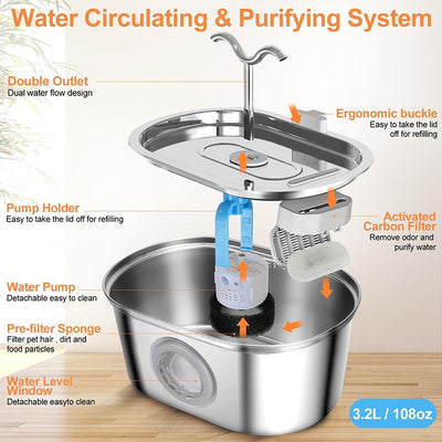 3.2L Cowhorn Model Pet Water Dispenser - Stainless Steel Automatic Water Fountain With 4 Replaceable Filters - 5 - CJ