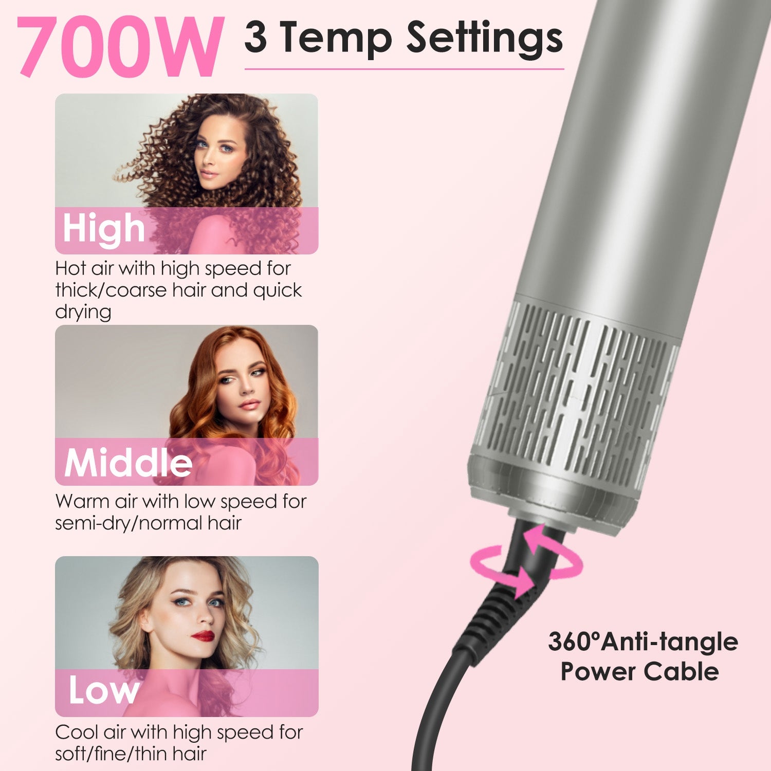 1Pc 6 In 1 Hot Air Styler Volumizer Straightener Curler Dryer Automatic Wrap Styler Hair Dryer Brush Set With 3 Temp Settings ALCI Plug Glove Cable Zip Tie - 5 - CJ