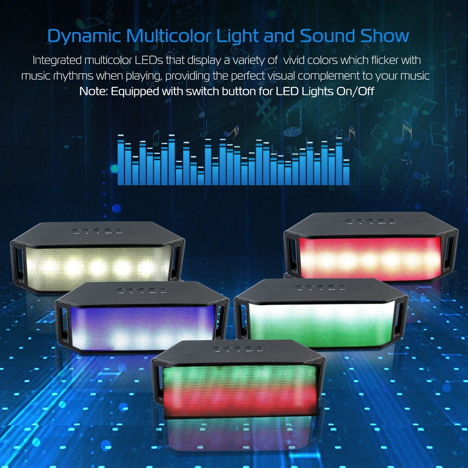 1Pc LED Wireless Speaker Dynamic Multicolor Hands-free FM Radio USB MMC Reading Aux In For Party Camping Travel