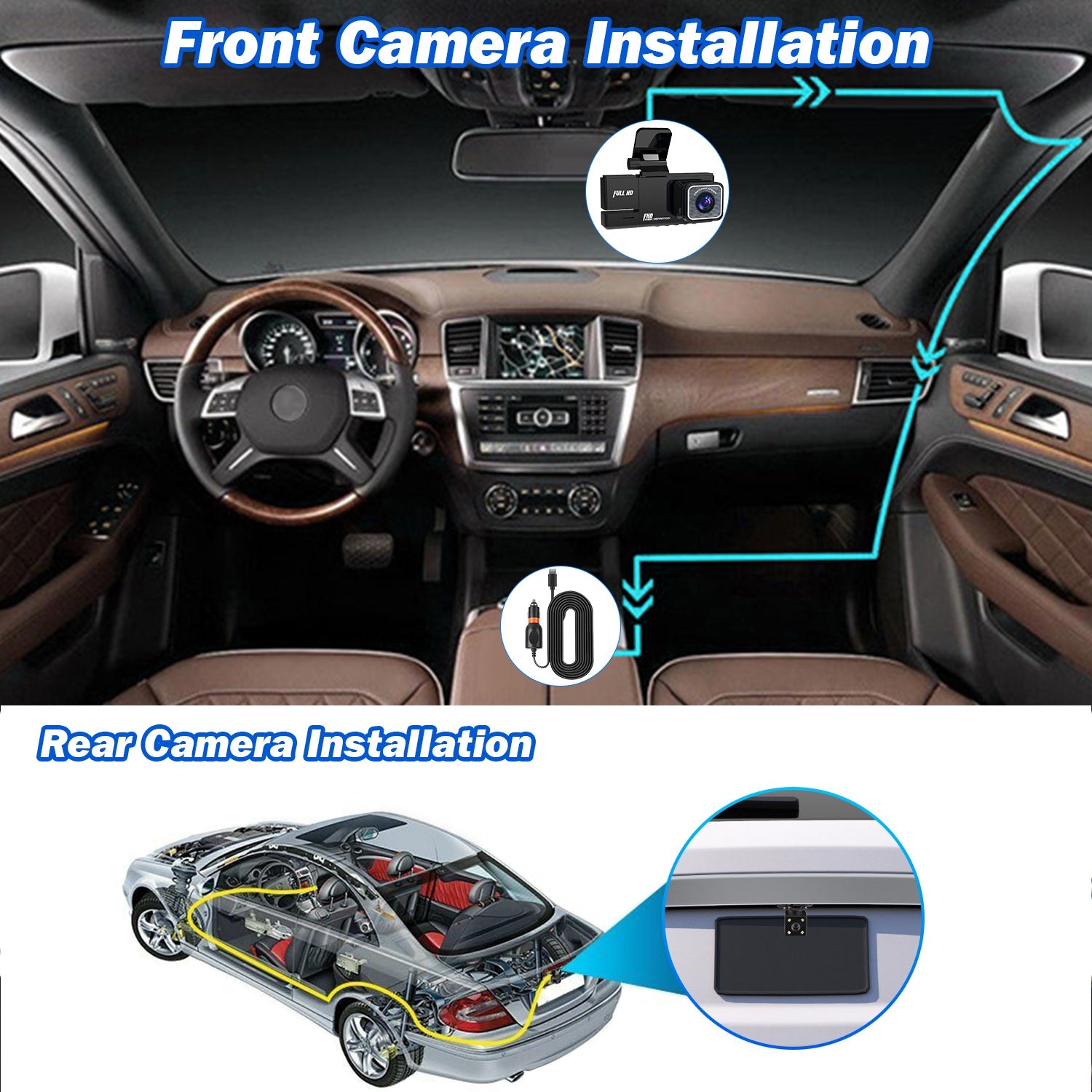 1Pc WiFi FHD 1080P Car Dash Cam 3 Channels Front Rear Inside Dash Camera With Loop Recording Reversing Image Night Vision 170 Degree Wide Angle Support 64G MMC Card Included - 5.0 - CJ