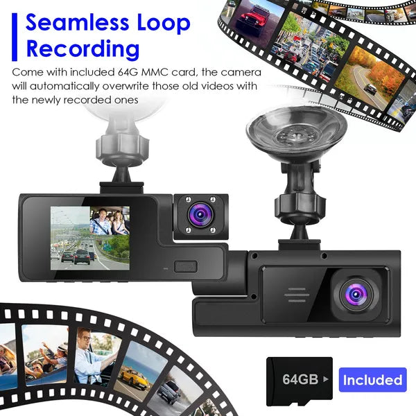 WiFi FHD 1080P Car Dash Cam 3 Channels Front Rear Inside Dash Camera With Loop Recording Reversing Visual 170° Wide Angle 64G Card Included - 5 - CJ