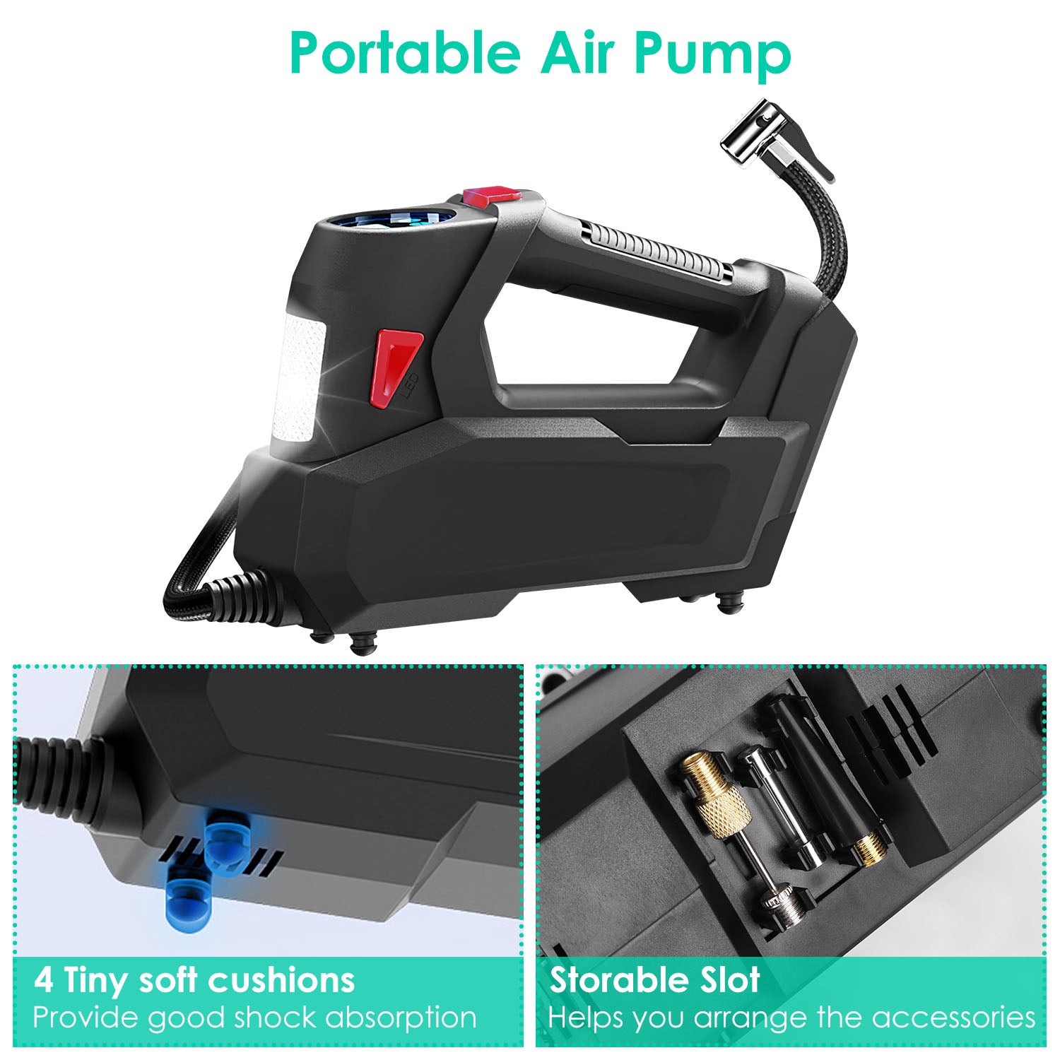 1Pc Portable Tire Inflator 120 PSI Maximum 90W Powered Tire Inflator With Digital Display LED Light Inflatable Nozzle Needle Fuse Air Compressor For Bikes Motorbikes Car Balls - 5 - cjdropshipping