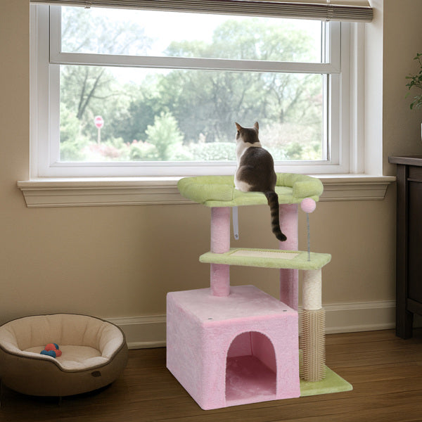 27.5in Cat Tree, Multi - level Cat Tower With Cat Scratching Post And Pad, Cozy Cat Condo, Padded Top Bed For Kittens And Indoor Cats, Pink & Green - 5 - CJ