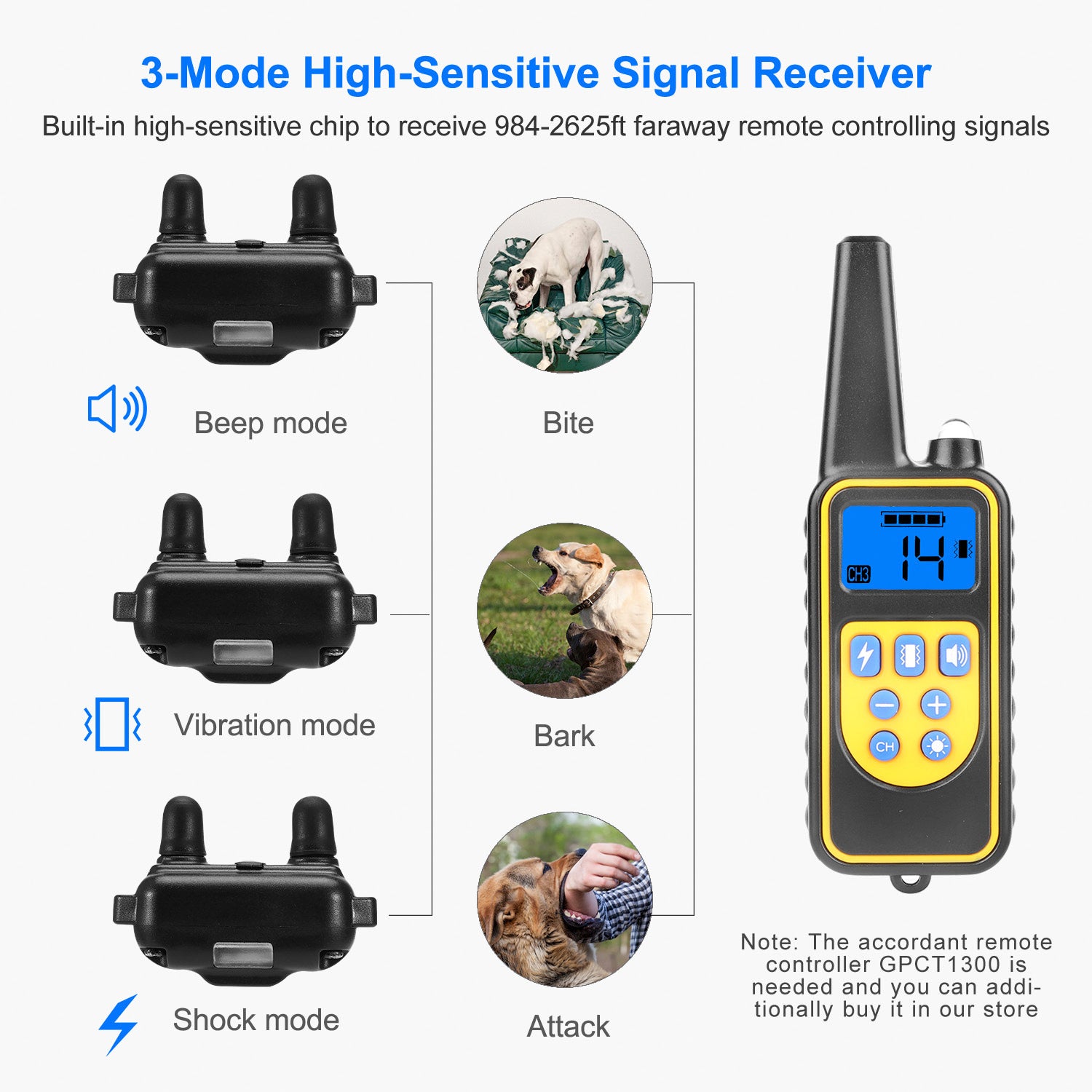 1Pc Dog Training Collar With Remote  IP67 Waterproof Pet Trainer 300mAh Rechargeable 875 Yard Remote Control 4 Modes Adjustable Level - 5 - CJ
