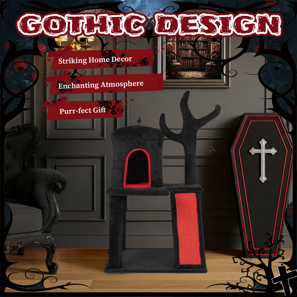 Gothic Cat Tree, Halloween Cat Tower Cat Tree With Spacious Cat Condo, Brach Shaped Scratching Post, Scratching Ladder, Spider Toy For Indoor Cats, Red & Black - 5 - cjdroshippping