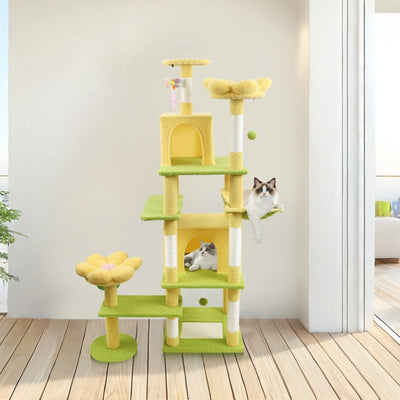 71 Inch Flower Cat Tree With Large Condo Removable Flower Cushion And Hammock Yellow - 5 - CJ