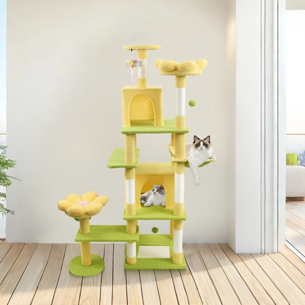 71 Inch Flower Cat Tree With Large Condo Removable Flower Cushion And Hammock Yellow - 5 - CJ