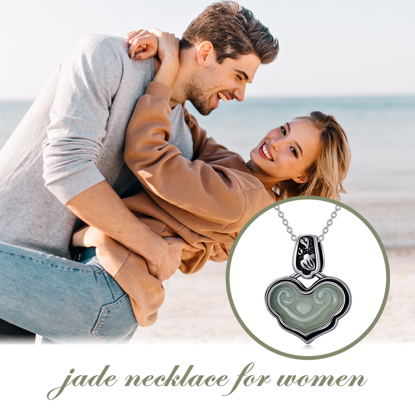 Vintage Heart Jade Pendant Necklace Sterling Silver Boho Antique Necklace Jewelry Gifts for Women Girls Wife Girlfriend Lover Her