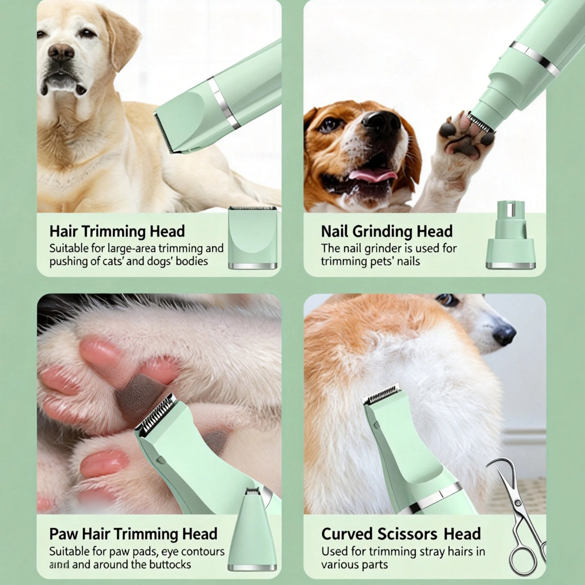4 - in - 1 Pet Grooming Kit For Small Dogs Cats, Professional Quiet Rechargeable Hair Trimmer With 4 Interchangeable Heads, Low Noise Paw Nail Grinder Body Clipper - 5 - CJ