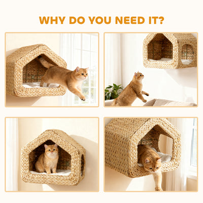 Wall Mounted Cat House, Cat Wall Furniture, Cat Wall Shelf with Washable Cushion, Natural - 5 - CJ