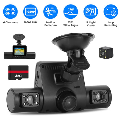 1Pc 360 Degree View FHD 4 Channel Dash Cam 1080P Front 480P Rear Left Right Inside Dash Camera With IR Night Vision Loop Recording Motion Detection Free 32GB MMC Card - 5.0 - CJ