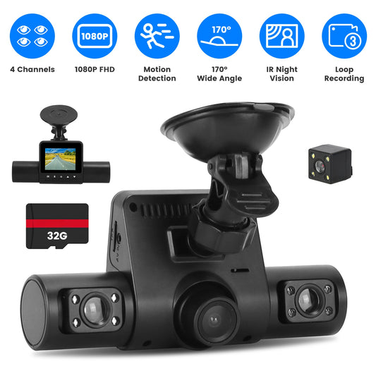 1Pc 360 Degree View FHD 4 Channel Dash Cam 1080P Front 480P Rear Left Right Inside Dash Camera With IR Night Vision Loop Recording Motion Detection Free 32GB MMC Card - 5.0 - CJ