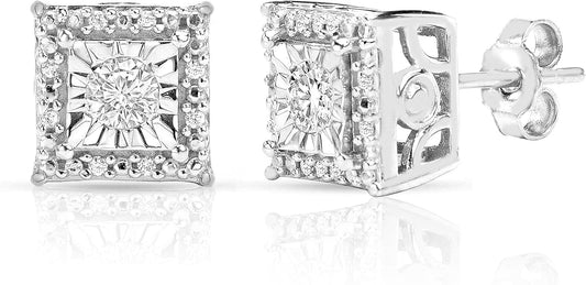 Diamond Stud Earrings For Women Sterling Silver Halo I - J Color, I2 I3 Clarity Metal Diamond Metal Diamond - 5 - CJ